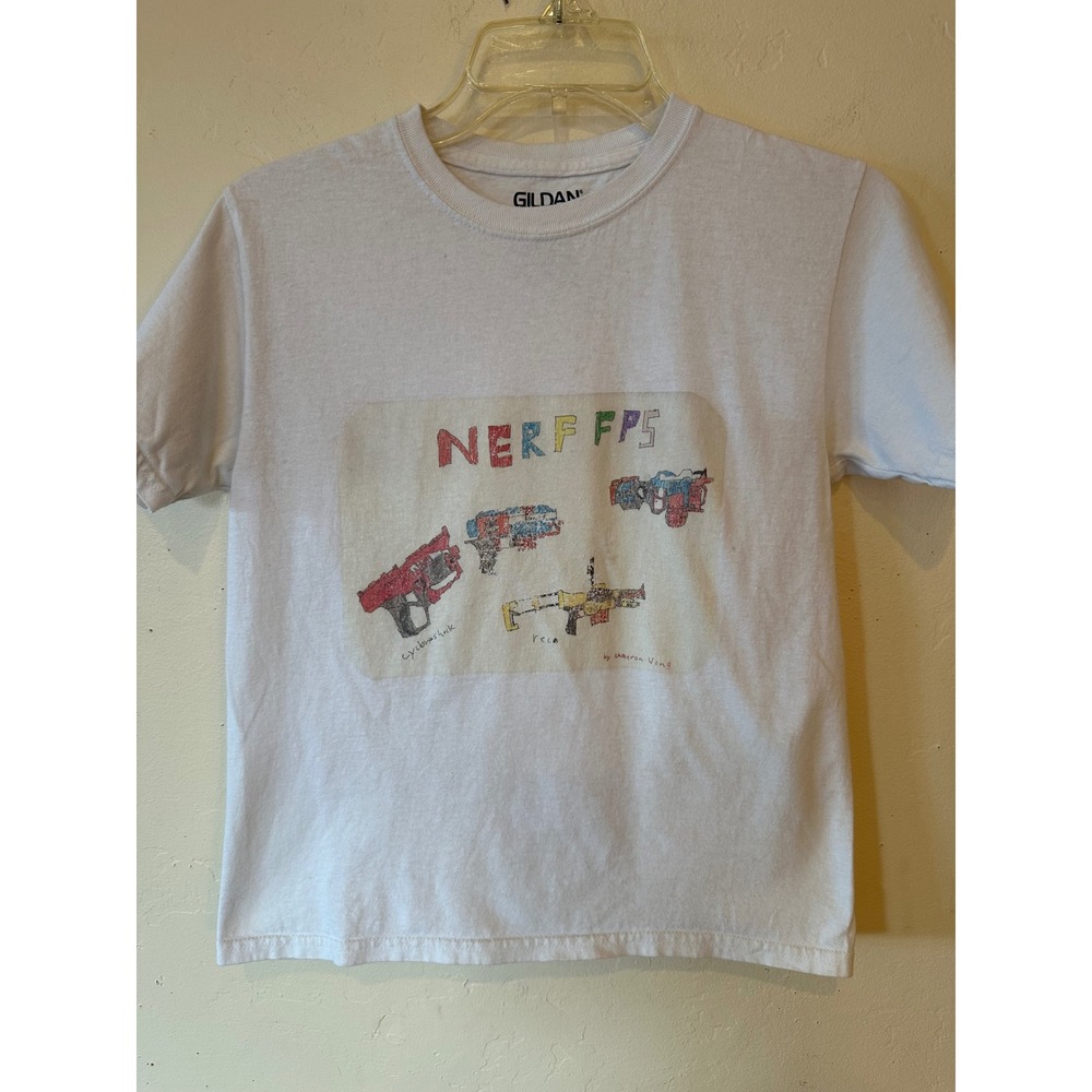 Gildan Nerf FPS Graphic Baby Doll Tee White Short Sleeve T-Shirt Women Small